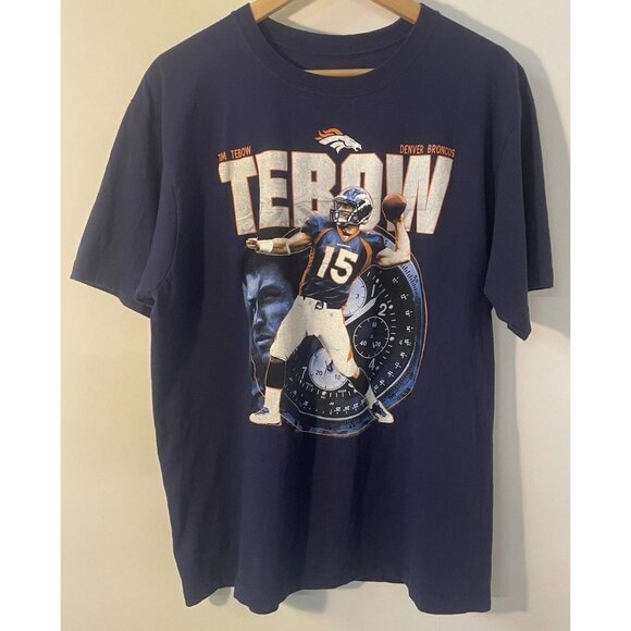 Tim Tebow T-shirt Denver Broncos size XL Reebok Navy Blue With Graphic #15 NFL - Picture 1 of 10